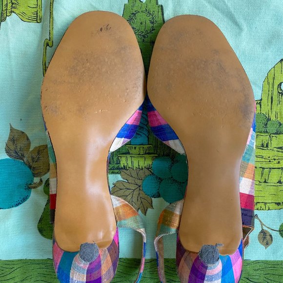 Vintage 1950s 1960s Spring Rainbow Plaid Silk Palter DeLiso Sandals Size US 9M - Picture 9 of 12